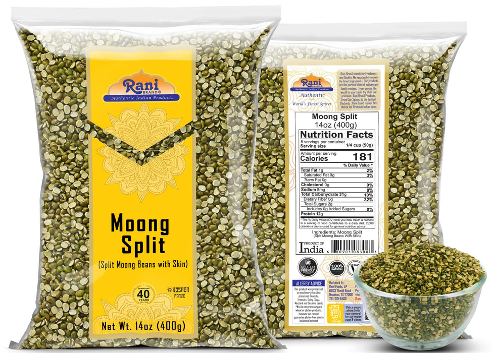 Rani Moong Split (Split Mung Beans with Skin) Lentils Indian 14oz (400g) ~ All Natural | Gluten Friendly | Non-GMO | Kosher | Vegan | Indian Origin