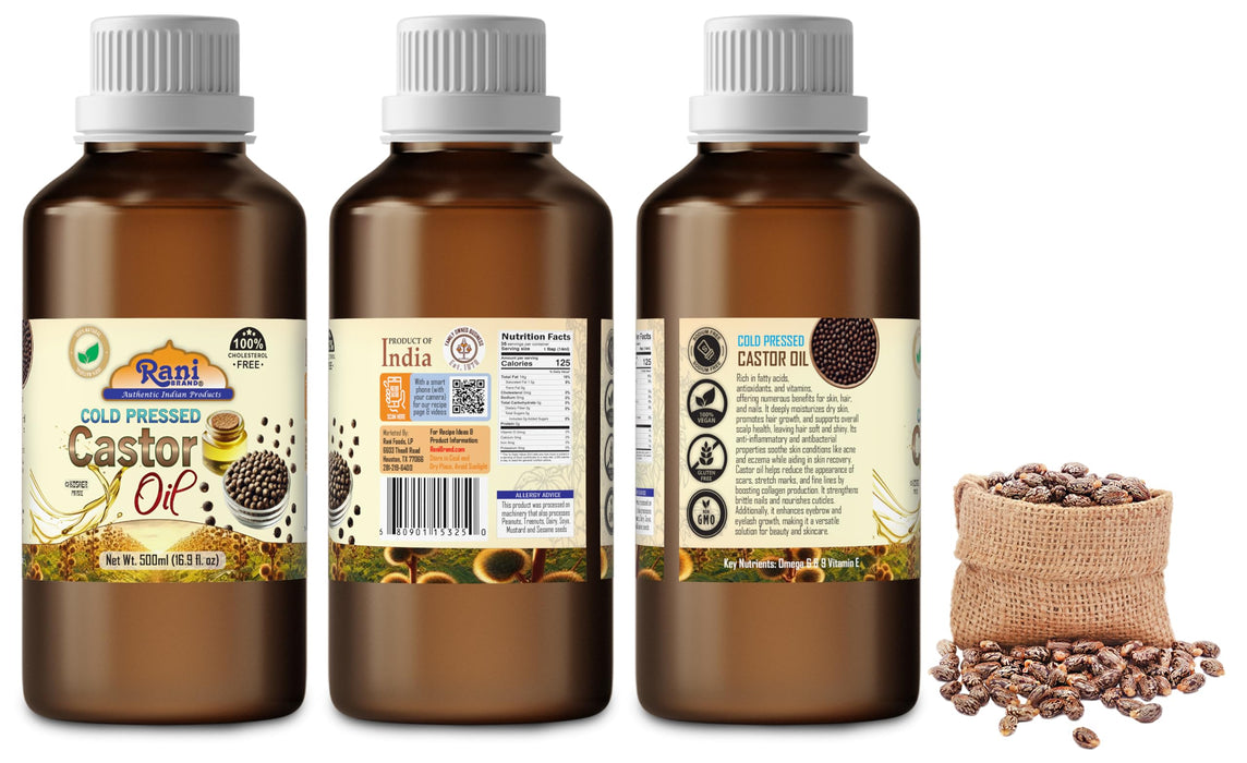 Rani Castor Oil 16.9 Ounce (500ml) Cold Pressed | 100% Natural | NON-GMO | Kosher | Vegan | Gluten Free | Indian Origin