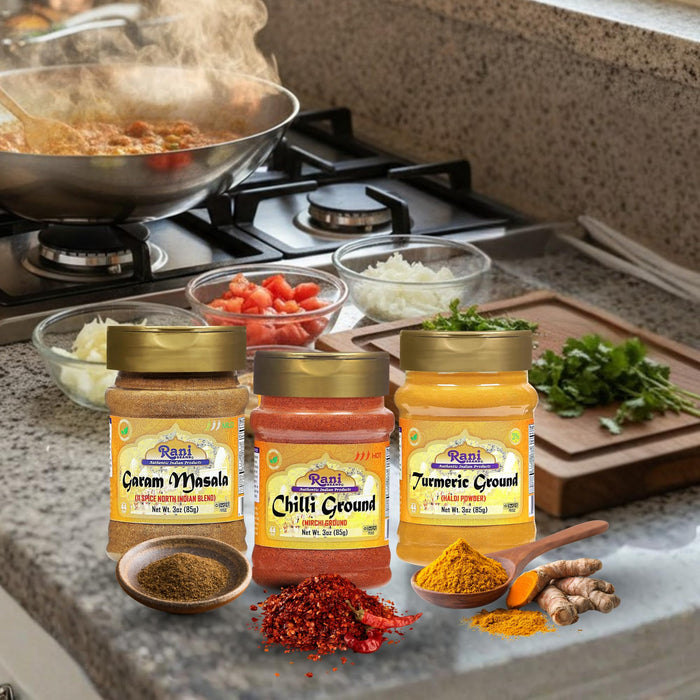 Rani Turmeric Powder, Chilli Powder, Garam Masala 3oz (85g) PET Jar Combo Pack of 3 ~ All Natural | | 100% Pure, Salt Free | Vegan | Gluten Friendly | NON-GMO | Indian Origin