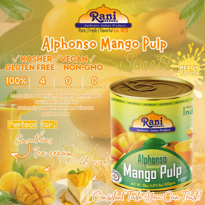 Rani Mango Pulp Puree (Makes Mango Lassi Shakes) Alphonso Sweetened 30oz (1.875lbs) 850g Pack of 2 ~ Kosher | All Natural | NON-GMO | Vegan | No colors | Gluten Friendly | Indian Origin