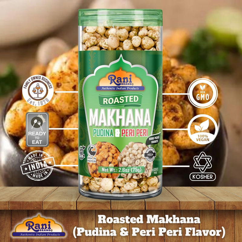 Rani Roasted Makhana (Fox Nut/Popped Lotus Seed) 2in1 Pudina & Peri Peri 2.6oz (75g) Ready to eat, Hand Picked Foxnuts ~ High in Protein | Vegan | Gluten Friendly | NON-GMO | Kosher | Indian Origin