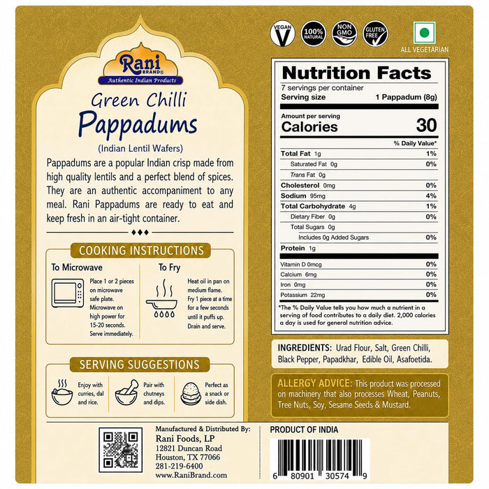 Rani Pappadums (Indian Lentil Wafer Snack) Green Chilli Papad 7oz (200g) Approximately 15pc, 7 inches, Pack of 12 ~ All Natural | Gluten Friendly | NON-GMO | Vegan | Indian Origin
