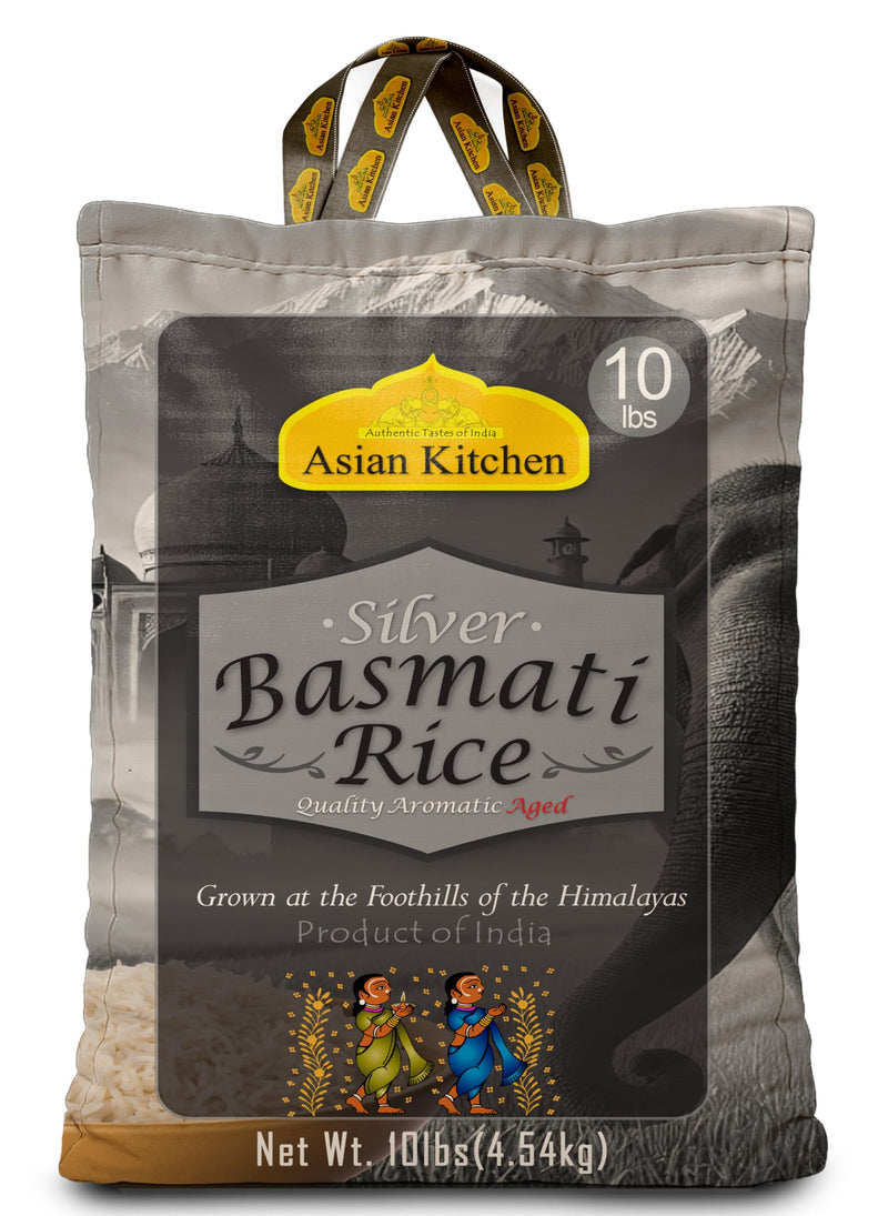 Asian Kitchen Silver White Basmati Rice Aged, 10 Pound (10lbs, 4.54kg) ~ All Natural | Gluten Friendly | Vegan | Indian Origin | Export Quality