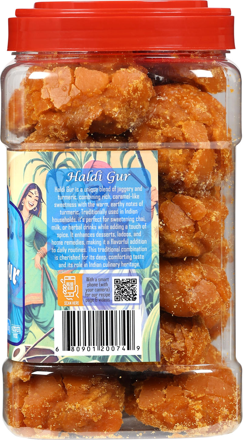 Rani Haldi Gur (Turmeric with Indian Jaggery) Indian Unrefined Raw Cane Sugar 70oz (4.4lbs) 2kg PET Jar ~ Gluten Friendly | Vegan | NON-GMO | Kosher | No Salt or fillers | Indian Product