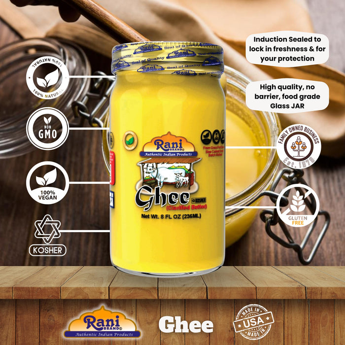 Rani Ghee Pure & Natural from Grass Fed Cows (Clarified Butter) 8oz (227g) ~ Glass Jar | Paleo Friendly | Keto Friendly | Gluten Free | Kosher | Product of USA