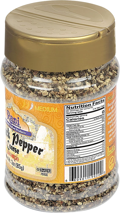 Rani Black Pepper Coarse Ground 28 Mesh (Table Grind), 3oz (85g) PET Jar ~ Gluten Friendly, Non-GMO, All Natural | Kosher