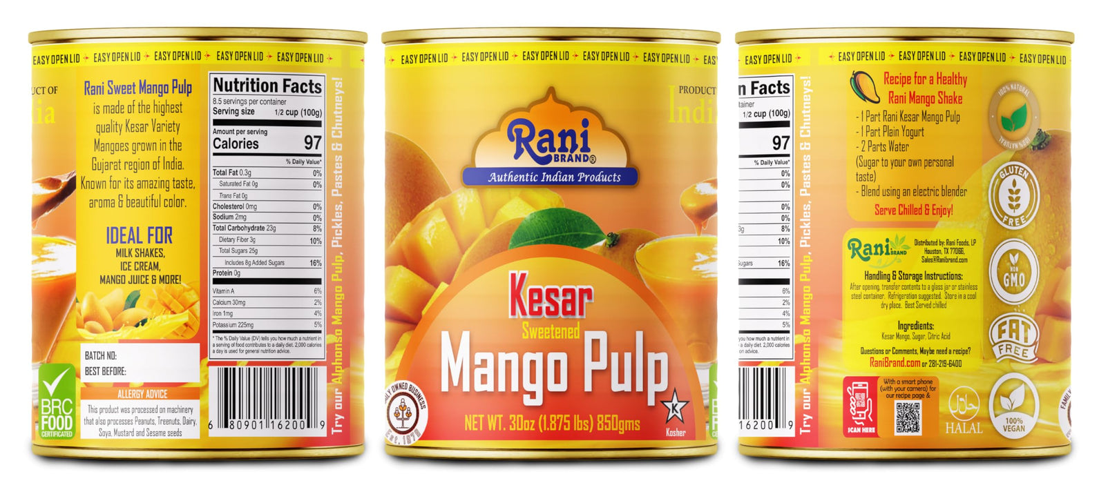 Rani Mango Pulp Puree (Kesar Sweetened) 30oz (1.875lbs) 850g Pack of 2 ~ Kosher | All Natural | NON-GMO | Vegan | No colors | Gluten Friendly
