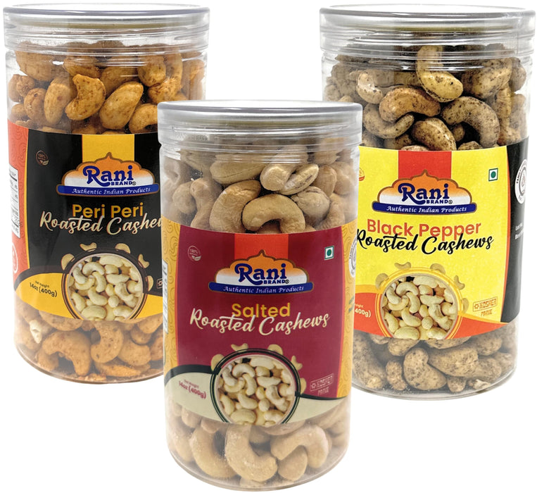 Rani Roasted Cashews Variety Pack (Salted, Black Pepper, Peri Peri) 14oz (400g) Pack of 3, PET Jar, Non-Fried, Oil Free ~ All Natural | Vegan | Gluten Friendly | NON-GMO | Kosher | Air Roasted