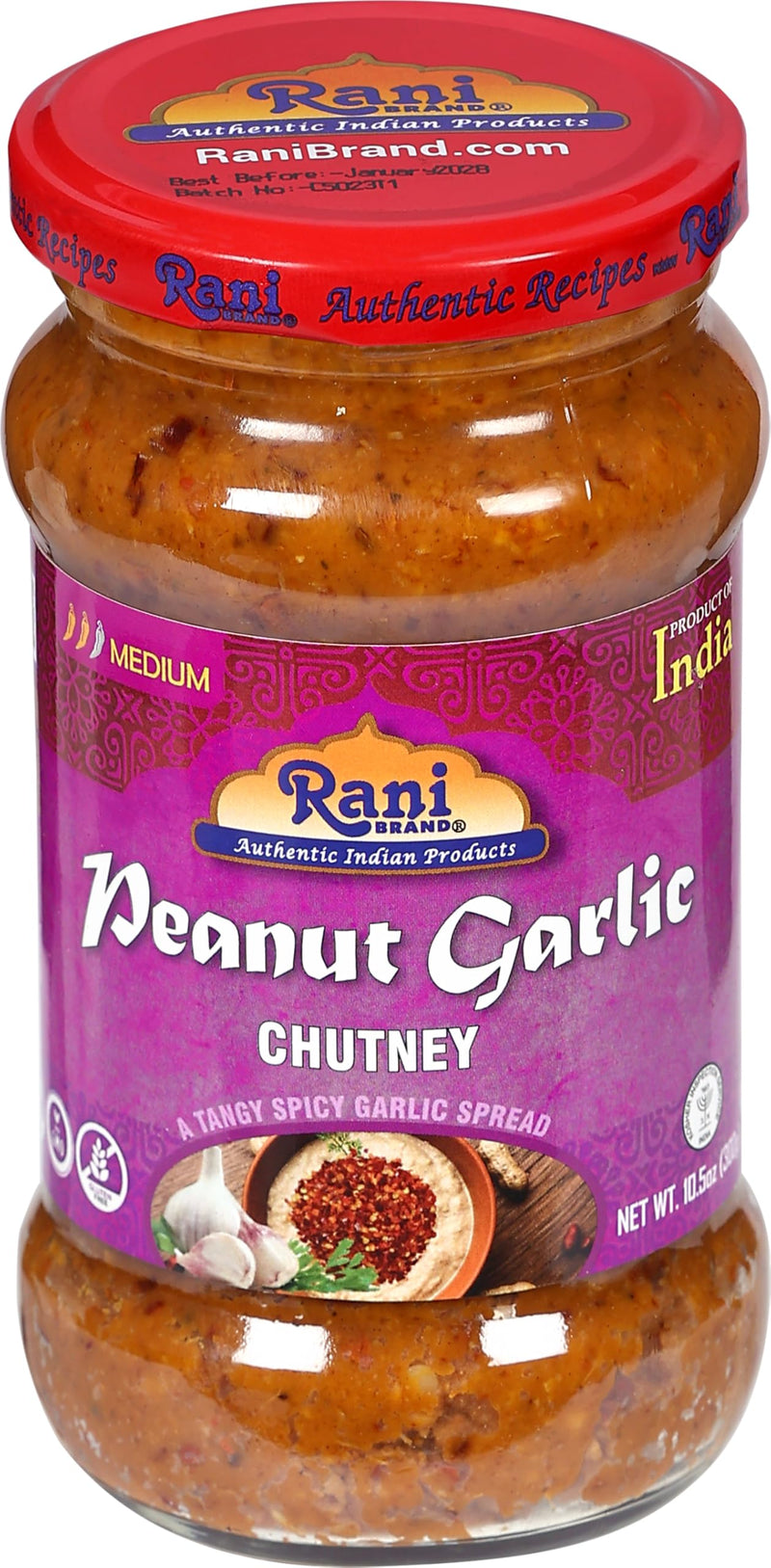 Rani Peanut Garlic Chutney 10.5oz (300g) Glass Jar, Ready to Eat ~ Vegan | Gluten Free | NON-GMO | No Colors | Indian Origin