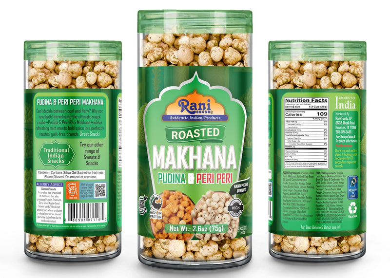 Rani Roasted Makhana (Fox Nut/Popped Lotus Seed) 2in1 Pudina & Peri Peri 2.6oz (75g) Ready to eat, Hand Picked Foxnuts ~ High in Protein | Vegan | Gluten Friendly | NON-GMO | Kosher | Indian Origin