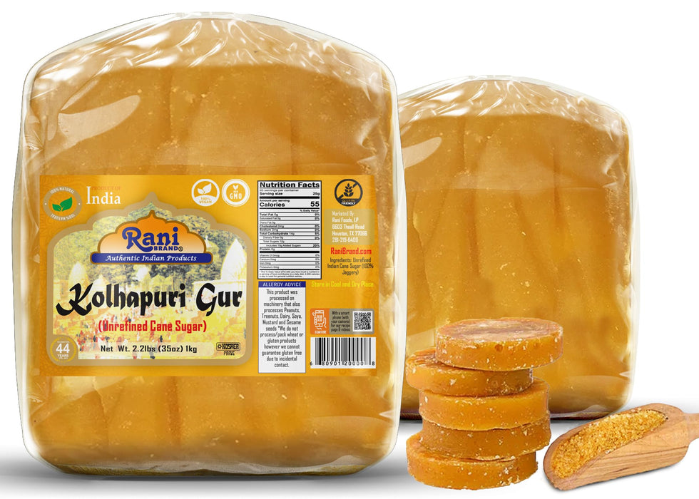 Rani Kolhapuri Gur (Jaggery) 1kg (2.2lbs) ~ Indian Unrefined Raw Cane Sugar, No Color added, Gluten Friendly | Vegan | NON-GMO | Kosher | No Salt or fillers