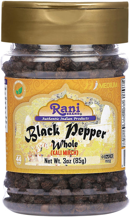 Rani Black Pepper Whole (Peppercorns), Premium MG-1 Grade 3oz (85g) PET Jar ~ All Natural | Gluten Friendly | Non-GMO | Kosher | Perfect size for Grinders!