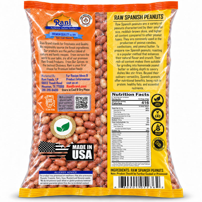 Rani Raw Spanish Peanuts 100% Natural with Skin (uncooked, unsalted) 80oz (5lbs) 2.27kg Bulk ~ Vegan | Gluten Friendly | Fresh Product of USA | Kosher | Red-brown Skin