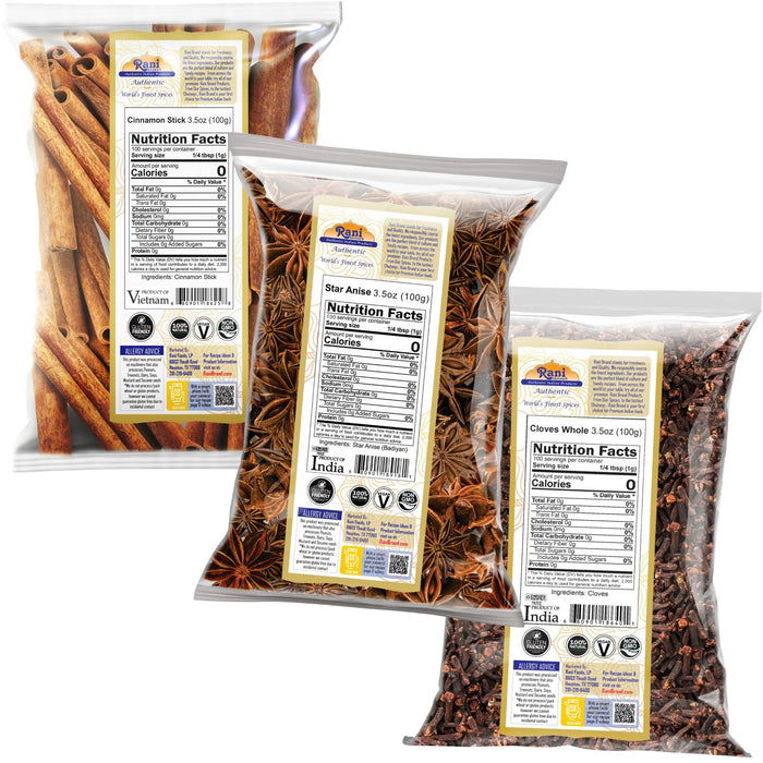 Rani Cinnamon Sticks, Star Anise & Whole Cloves 3.5oz (100g) Pack of 3 ~ Perfect for Baking, Cooking & Beverages ~ All Natural | Gluten Friendly | NON-GMO | Kosher | Vegan | Indian Origin