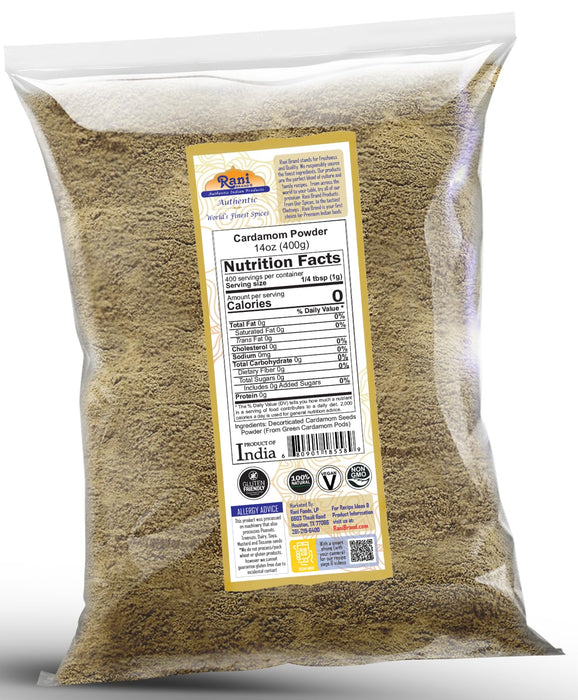 Rani Cardamom (Elachi) Ground, Powder Indian Spice 14oz (400g) ~ All Natural | No Color Added | Gluten Friendly | Vegan | NON-GMO | Kosher | No Salt or Fillers