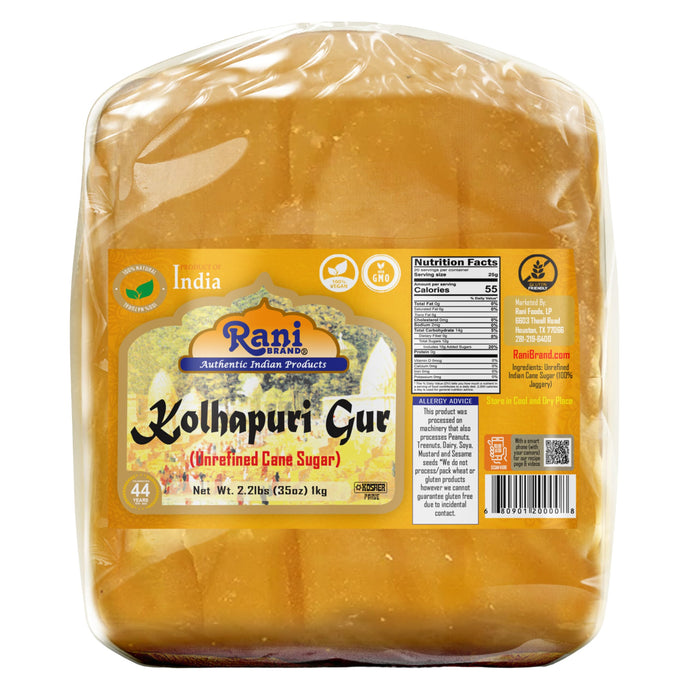 Rani Kolhapuri Gur (Jaggery) 1kg (2.2lbs) ~ Indian Unrefined Raw Cane Sugar, No Color added, Gluten Friendly | Vegan | NON-GMO | Kosher | No Salt or fillers