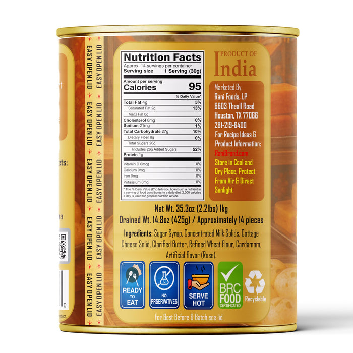 Rani Gulab Jamun Round (w/ Cardamom Flavored Sugar Syrup) 35.3oz (2.2lbs) 1kg Pack of 18, Approximately 14 pieces, Easy Open Lid ~ Ready to eat | Non-GMO | Kosher | Indian Origin