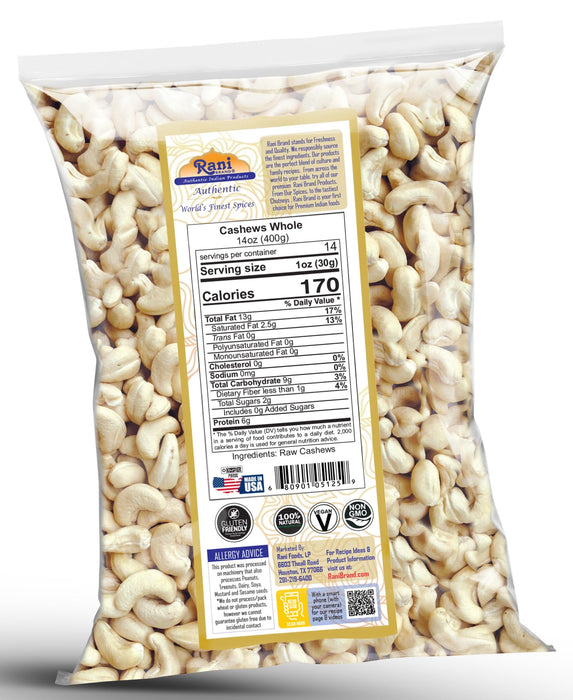 Rani Raw Cashews Whole (uncooked, unsalted) 14oz (400g) ~ All Natural, No Preservatives | Vegan | NON-GMO | Kosher | Gluten Friendly