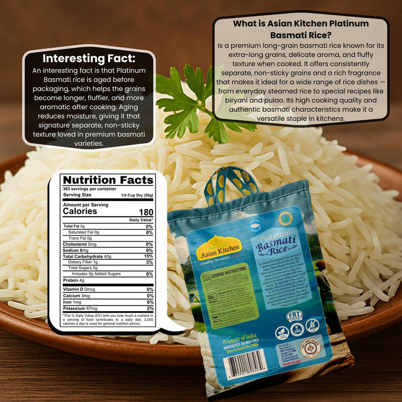 Asian Kitchen Platinum White Basmati Rice Extra Long Aged 40lbs (18.18kg) ~ All Natural | Gluten Friendly | Vegan | Indian Origin | Export Quality