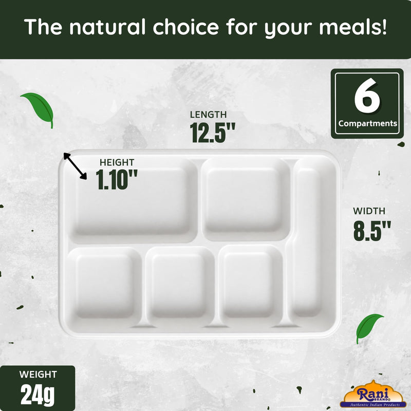 Rani 6 Compartment Square Biodegradable Divided Plates, Pack of 500 ~ Party, Thali, Buffet | Disposable & Eco-Friendly | Heavy-Duty Sturdy Paper Bagasse | Premium Quality | 12.5" x 8.5" x 1.10"