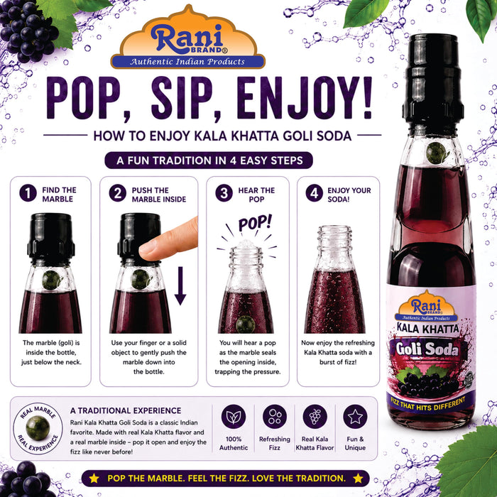 Rani Kala Khatta (Black Grapes) Goli Soda 6.7 fl oz (200 ml) Glass Bottle with Marble Seal, Pack of 2 ~ Vegan | Gluten Free | Non-GMO | Indian Origin