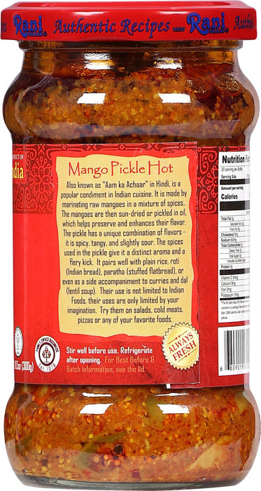 Rani Mango Pickle Hot (Achar, Spicy Indian Relish) 10.5oz ~ Glass Jar, All Natural | Vegan | Gluten Free | NON-GMO | No Colors | Indian Origin