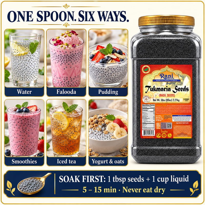 Rani Basil Seeds (Edible Tukmaria, Sabja) 5 lb Jar, 15 g Fiber per Serving