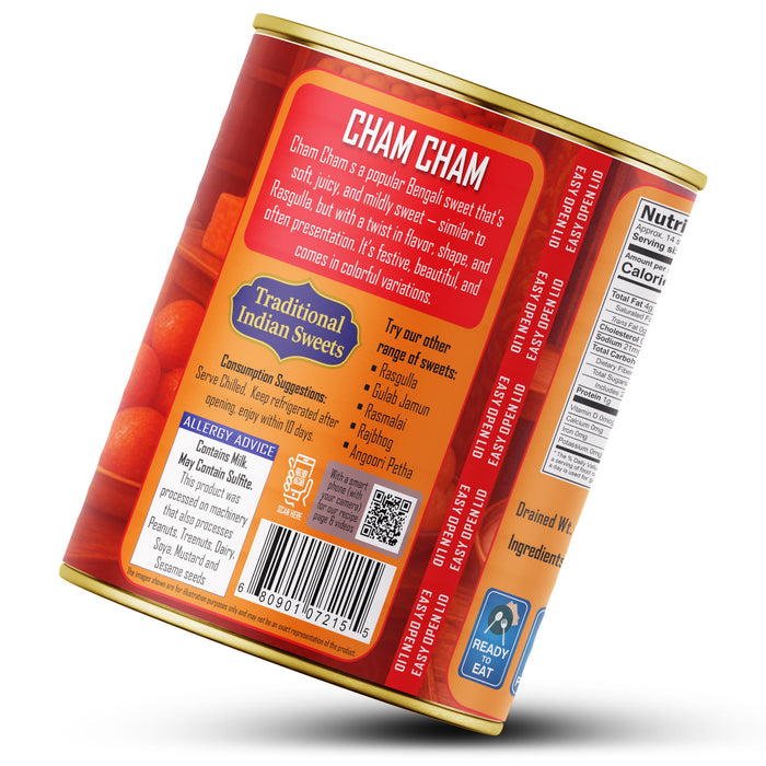 Rani Cham Cham (Oval-shaped Bengali Sweet) 35.3oz (2.2lbs) 1kg, Approximately 14 pieces, Easy Open Lid ~ Ready to eat | Gluten Free | Non-GMO | Kosher | Indian Origin