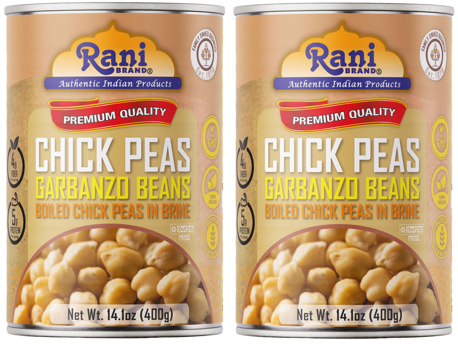 Rani Chick Peas, Garbanzo Beans (Boiled Chick Peas in Brine) Kabuli Chana 14oz (400g) Pack of 2 ~ Easy Open Can | All Natural | Vegan | Gluten Friendly | NON-GMO | Kosher | Indian Origin