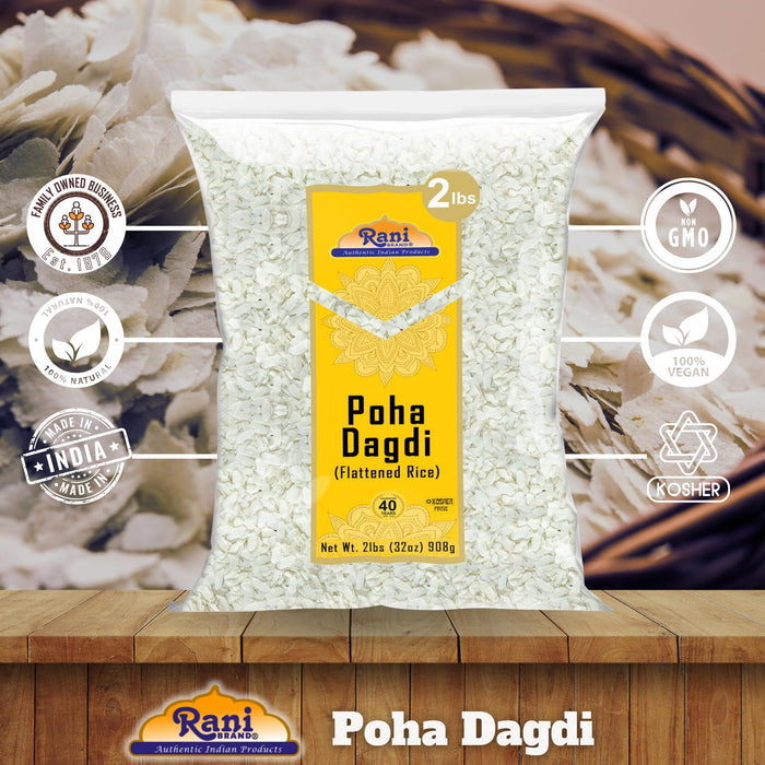 Rani Poha (Powa) Extra Thick Dagadi-Cut (Flattened Rice) 32oz (2lbs) 908g Bulk ~ All Natural, Salt-Free | Vegan | Kosher | No Colors | Gluten Friendly | Indian Origin