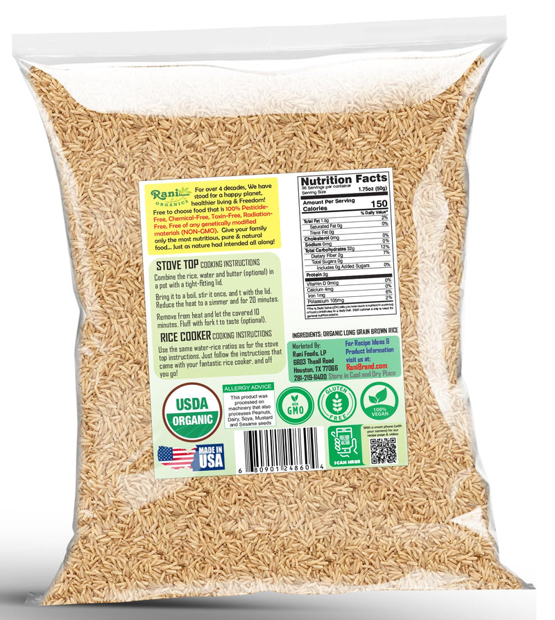 Rani Organic Long Grain Brown Rice 64oz (4lbs) 1.81kg Bulk  ~ All Natural | Gluten Friendly | Vegan | Non-GMO | Kosher | Product of USA | USDA Certified Organic
