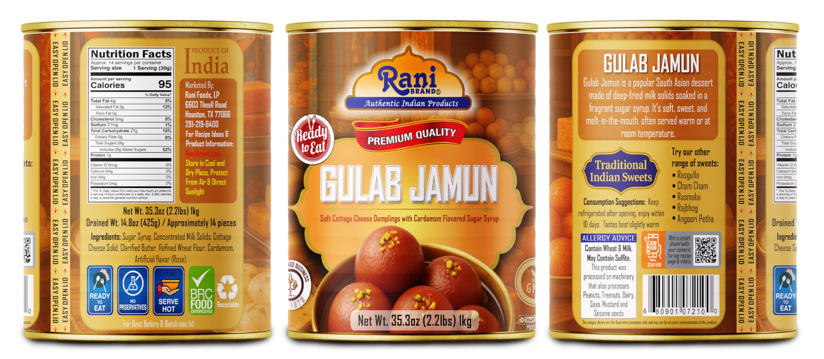 Rani Gulab Jamun Round (w/ Cardamom Flavored Sugar Syrup) 35.3oz (2.2lbs) 1kg Pack of 18, Approximately 14 pieces, Easy Open Lid ~ Ready to eat | Non-GMO | Kosher | Indian Origin