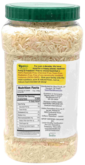 Rani Organic Platinum White Basmati Rice Extra Long Aged 56oz (3.5lbs) 1.59kg PET Jar ~ All Natural | Gluten Friendly | Vegan | Indian Origin | Kosher | Export Quality | USDA Certified Organic