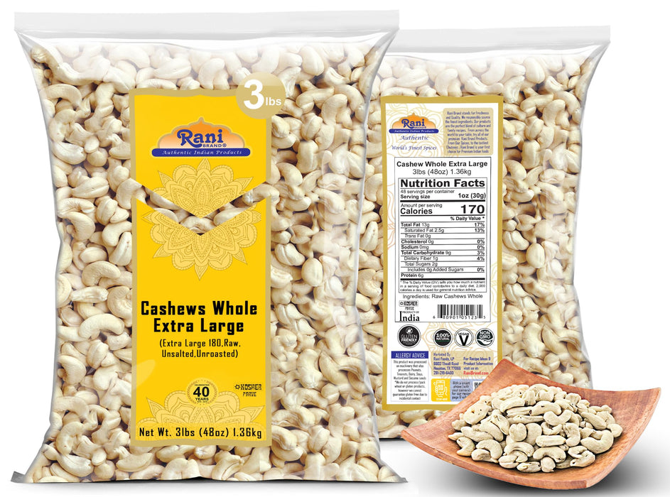 Rani Raw Cashews Whole W180 Extra Large (uncooked, unsalted) 48oz (3lbs) 1.36kg Bulk ~ All Natural, No Preservatives | Vegan | Kosher | NON-GMO | Gluten Friendly