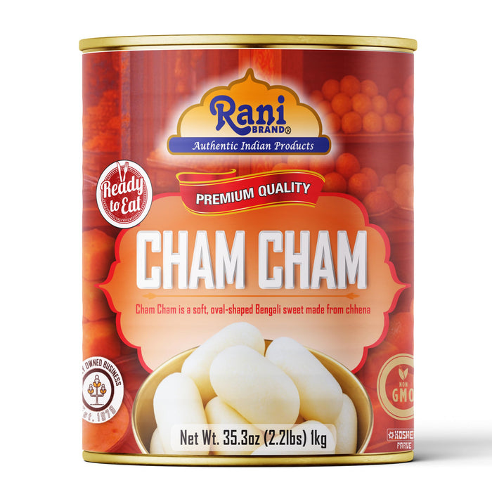 Rani Cham Cham (Oval-shaped Bengali Sweet) 35.3oz (2.2lbs) 1kg, Approximately 14 pieces, Easy Open Lid ~ Ready to eat | Gluten Free | Non-GMO | Kosher | Indian Origin