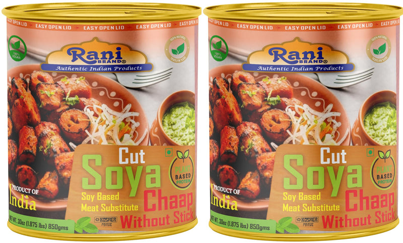 Rani Cut Soya Chaap Whitout Stick (Plant Based Protein) 30oz (1.875lbs) 850g, Pack of 2 ~ Easy Open Lid | All Natural | Vegan | No Colors | NON-GMO | Kosher | Indian Origin | Soy Based Meat Substitute