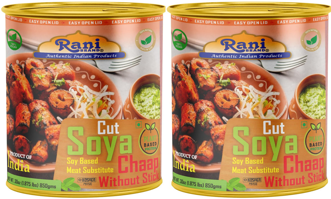 Rani Cut Soya Chaap Whitout Stick (Plant Based Protein) 30oz (1.875lbs) 850g, Pack of 2 ~ Easy Open Lid | All Natural | Vegan | No Colors | NON-GMO | Kosher | Indian Origin | Soy Based Meat Substitute