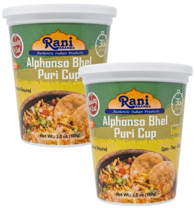 Rani Alphonso Mango Bhel Puri Cup (Spicy & Crunchy Indian Snack w/ mouth watering Indian Chutneys) 3.5oz (100g), Pack of 2 ~ Ready to Eat | Vegan | NON-GMO | Indian Origin