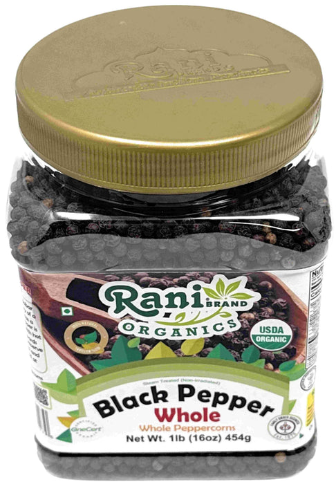 Rani Organic Black Pepper Whole (Peppercorns), Premium MG-1 Grade 16oz (1lb) 454g PET Jar ~ All Natural | Gluten Friendly | Non-GMO | USDA Certified Organic | Kosher | Product of Vietnam