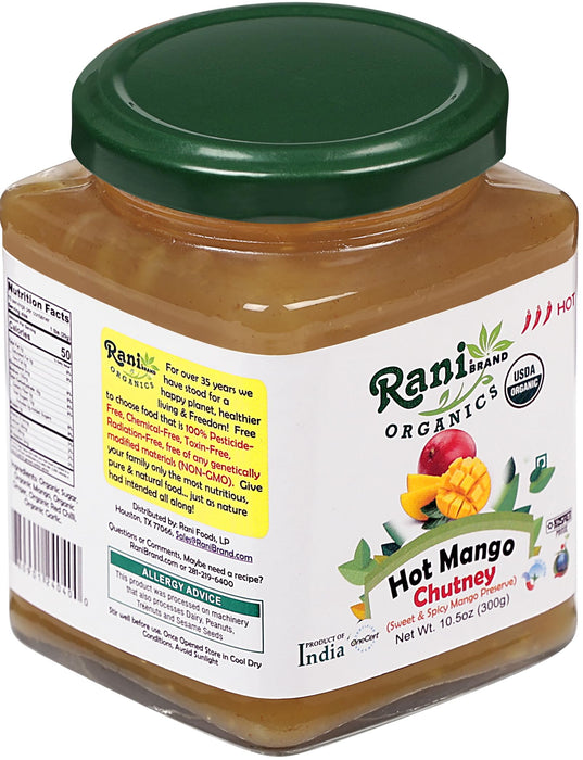 Rani Organic Hot Mango Chutney (Spicy Indian Preserve) 10.5oz (300g) Glass Jar, Ready to eat ~ All Natural | Vegan | Gluten Free | No Colors | NON-GMO | Indian Origin | USDA Certified Organic