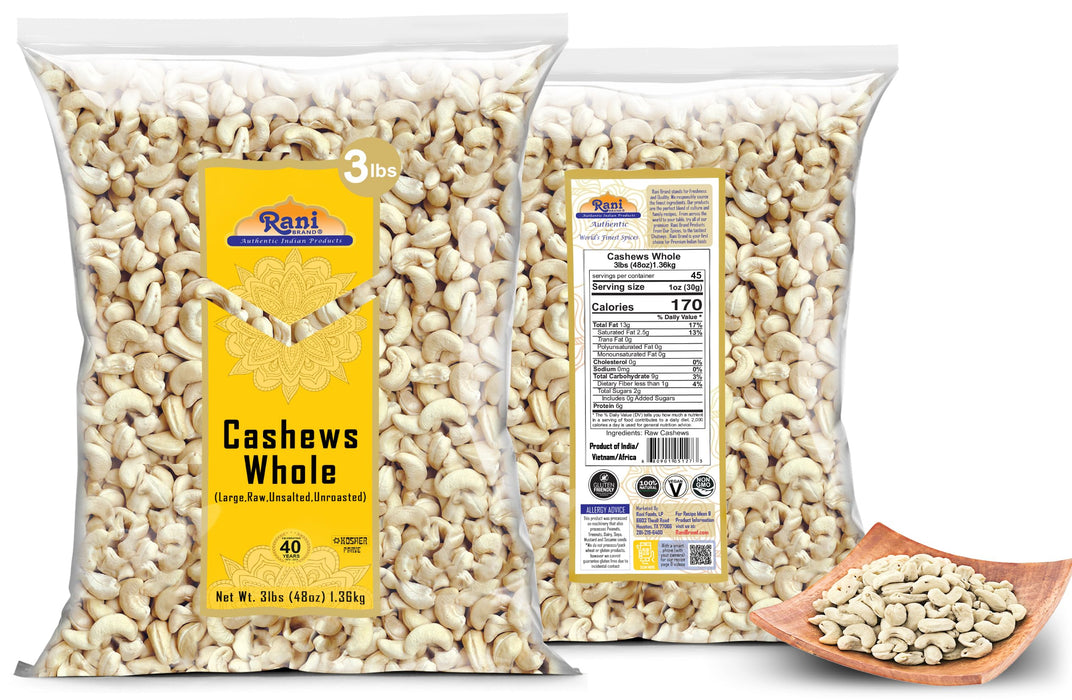 Rani Raw Cashews Whole (uncooked, unsalted) 48oz (3lbs) 1.36kg Bulk ~ All Natural, No Preservatives | Vegan | NON-GMO | Kosher | Gluten Friendly