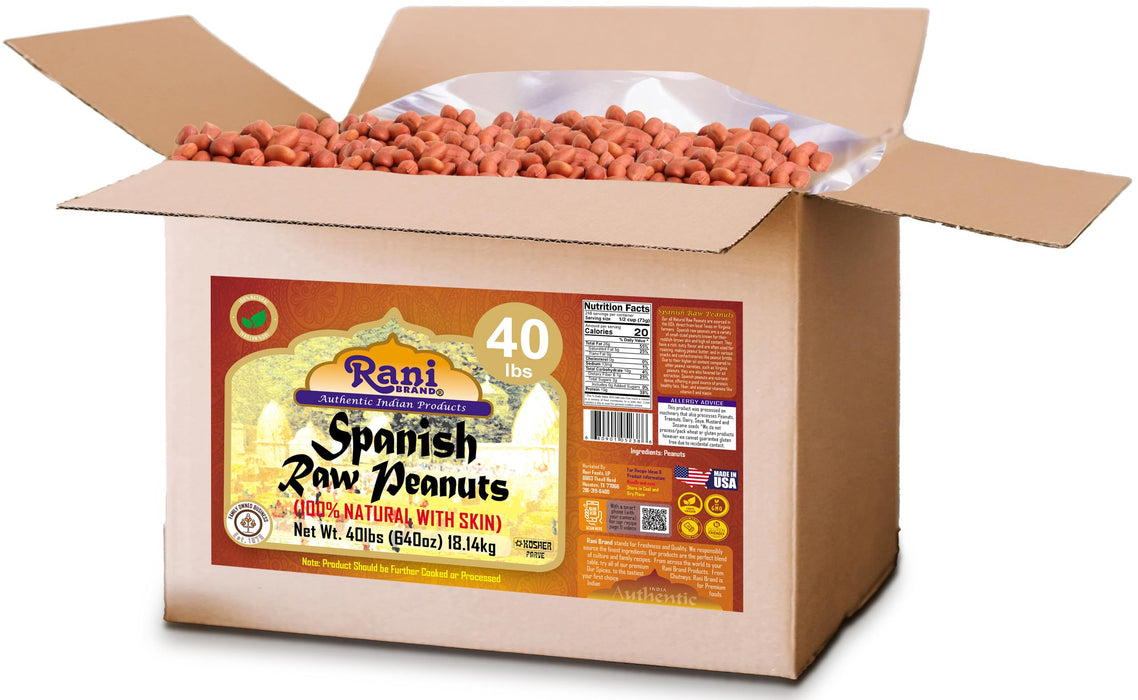 Rani Raw Spanish Peanuts 100% Natural with Skin (uncooked, unsalted) 40lbs (640oz) 18.14kg Bulk Box ~ Vegan | Gluten Friendly | Fresh Product of USA | Kosher | Red-brown Skin