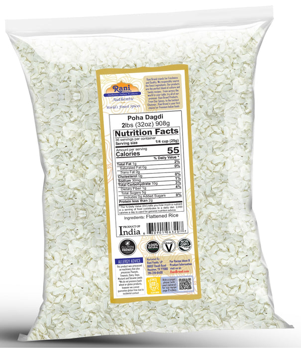 Rani Poha (Powa) Extra Thick Dagadi-Cut (Flattened Rice) 32oz (2lbs) 908g Bulk ~ All Natural, Salt-Free | Vegan | Kosher | No Colors | Gluten Friendly | Indian Origin