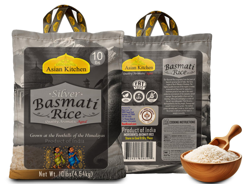 Asian Kitchen Silver White Basmati Rice Aged, 10 Pound (10lbs, 4.54kg) ~ All Natural | Gluten Friendly | Vegan | Indian Origin | Export Quality