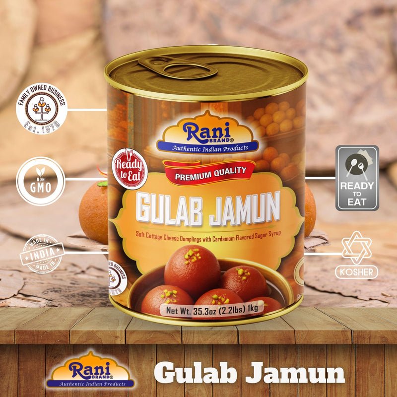 Rani Gulab Jamun Round (w/ Cardamom Flavored Sugar Syrup) 35.3oz (2.2lbs) 1kg, Pack of 2, Approximately 14 pieces, Easy Open Lid ~ Ready to eat | Vegan | Non-GMO | Kosher | Indian Origin