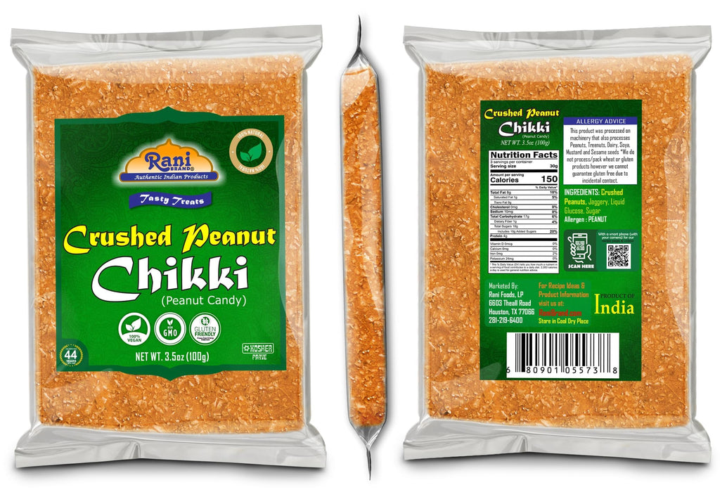 Rani Crushed Peanut Chikki (Brittle Candy) 3.5oz (100g) ~ All Natural | Vegan | No colors | Gluten Friendly | Kosher | Indian Origin