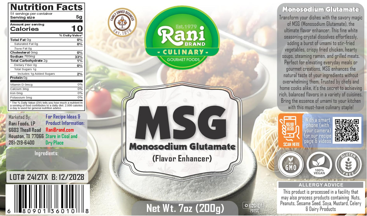 Rani MSG (Monosodium Glutamate) 7oz (200g) PET Jar ~ Flavor Enhancer, Umami Seasoning, Perfect for stir-frying, roasting, soups | Gluten Friendly | Vegan | NON-GMO | Kosher | Indian Origin