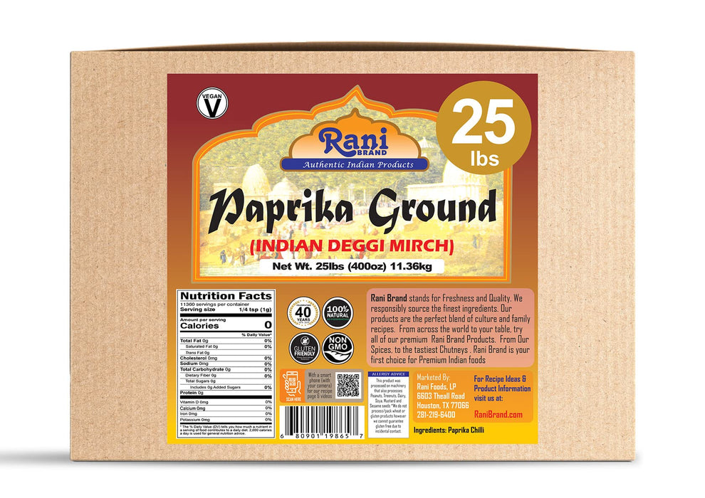 Rani Paprika (Deggi Mirch, Low Heat) Spice Powder, Ground 400oz (25lbs) 11.36kg Bulk Box ~ All Natural, Salt-Free | Vegan | No Colors | Gluten Friendly | NON-GMO | Indian Origin