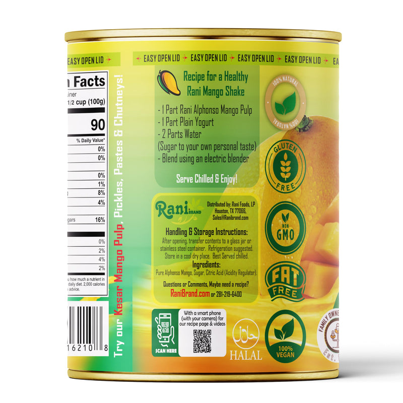 Rani Mango Pulp Puree (Makes Mango Lassi Shakes) Alphonso Sweetened 30oz (1.875lbs) 850g Pack of 6 ~ Kosher | All Natural | NON-GMO | Vegan | No colors | Gluten Friendly | Indian Origin