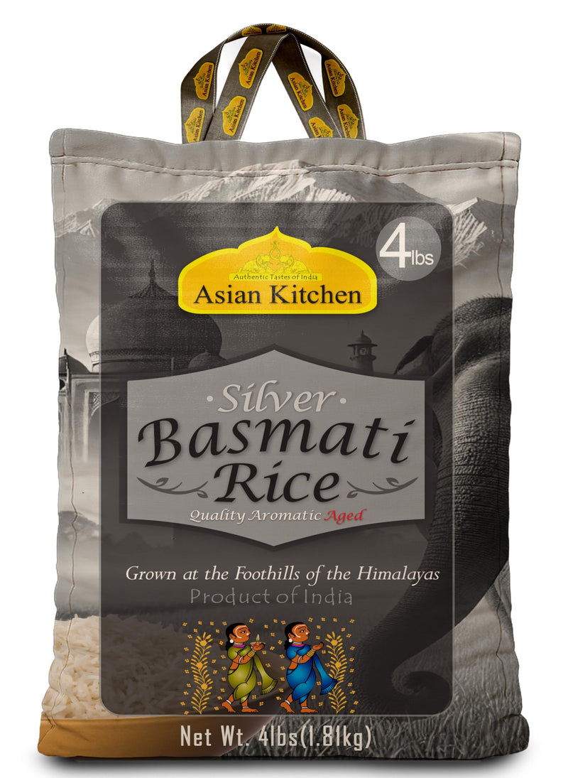 Asian Kitchen Silver White Basmati Rice Aged, 4 Pound (4lbs, 1.81kg) ~ All Natural | Gluten Friendly | Vegan | Indian Origin | Export Quality